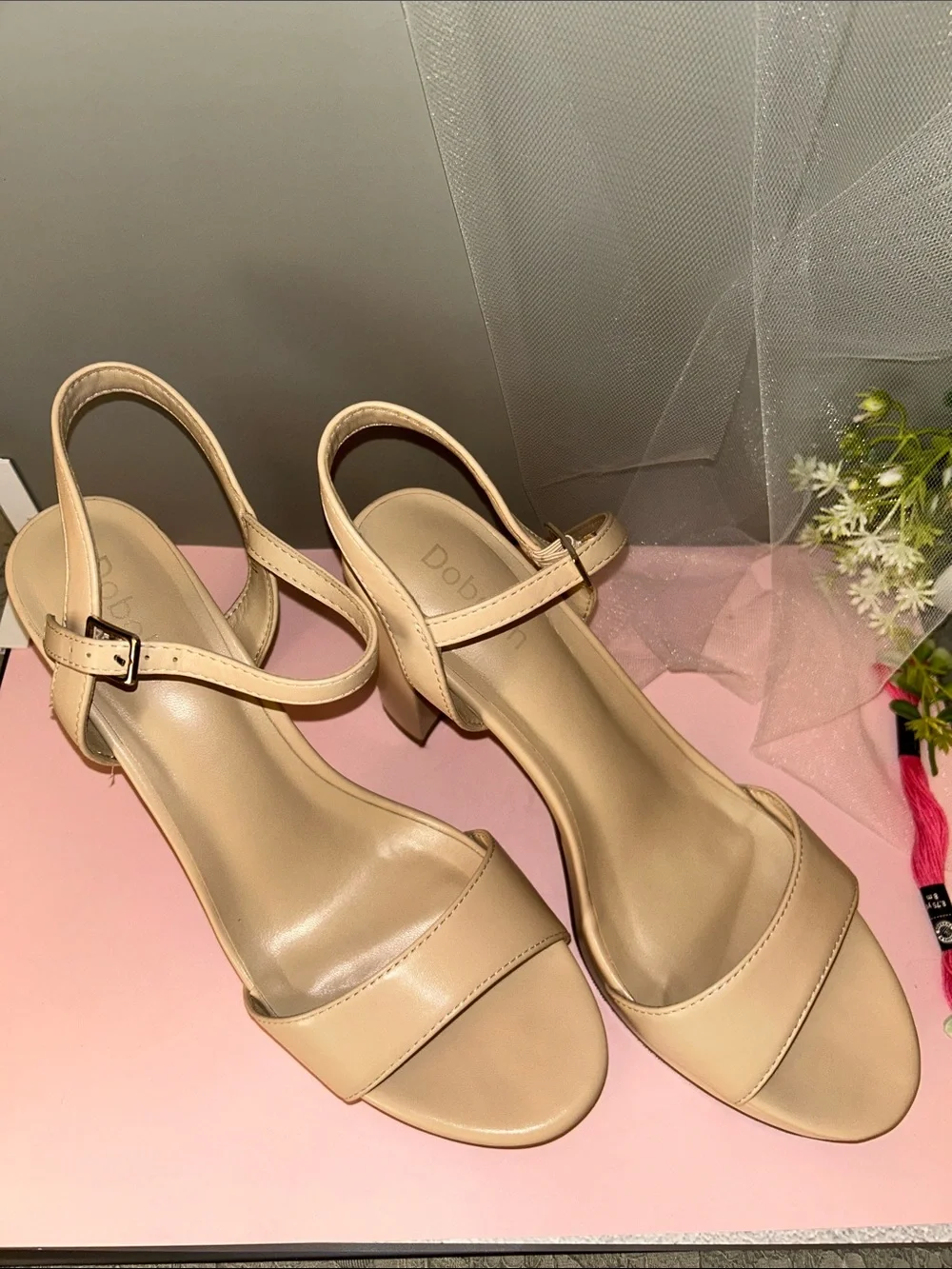 Nude Beige Block Heel Platform Sandals with Ankle Strap Like new